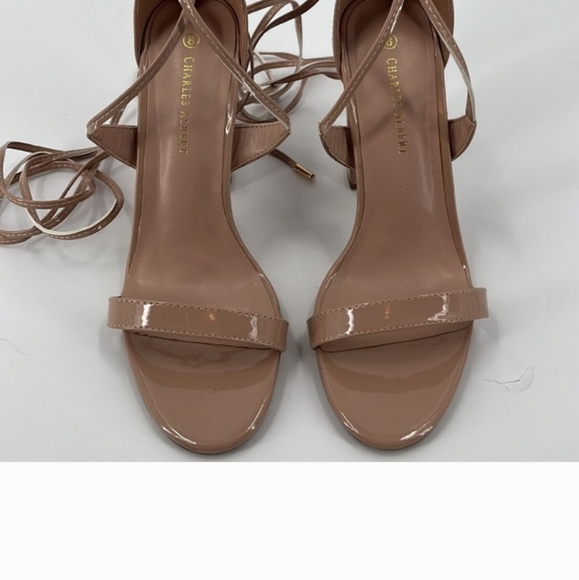 Charles Albert Faux Patent Leather High Block Heel Wrap Nude Tan Heels Strappy 8 - Picture 3 of 8